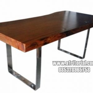 Meja makan kayu trembesi solid jepara kaki stainless