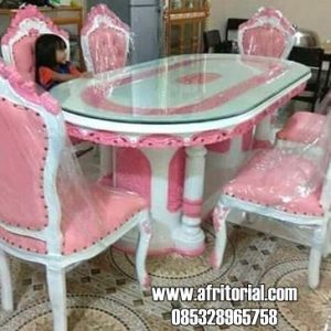 Kursi Makan Mewah Ukiran Jepara Cat Duco Putih Pink