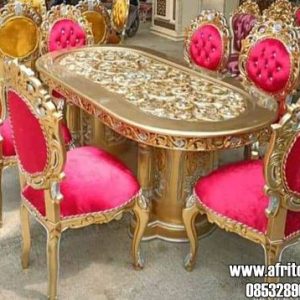 6 Kursi Makan Dan Meja Ukiran Jepara Warna Gold