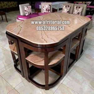 Kursi Meja Makan Marmer Minimalis Modern 6K Kaki Kayu Jati