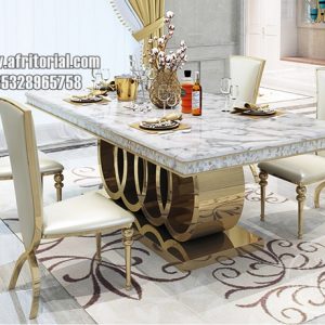 Set Meja Makan Marmer Kaki Stainless Steel Kursi Mewah Terbaru